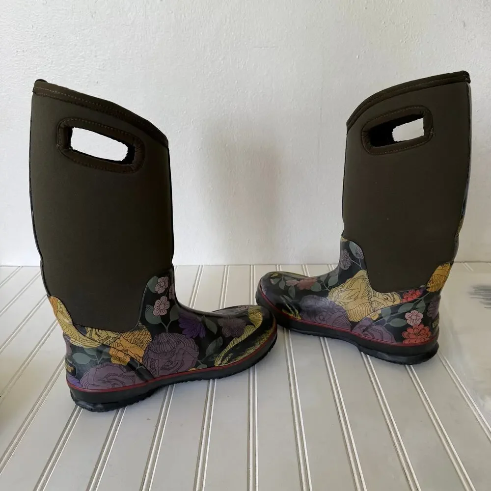 BOGS Classic High Floral Waterproof Rain Boots Women’s Size 8 Olive Green